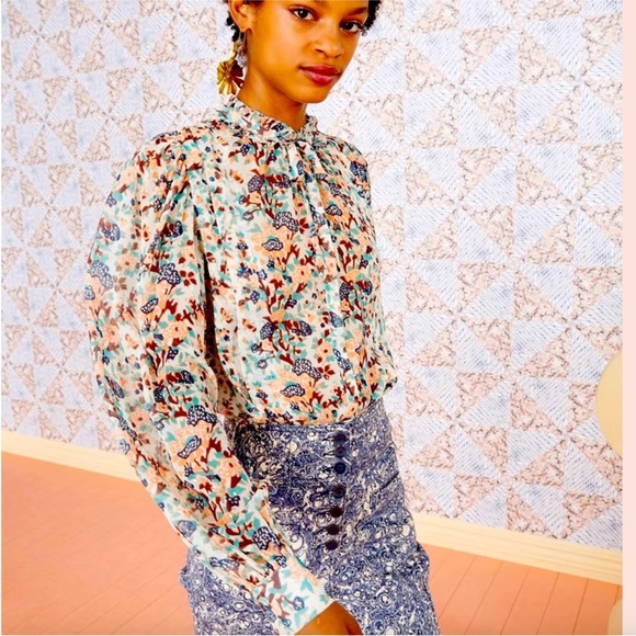 ULLA JOHNSON Edith Blouse Gardenia Floral Metallic Silk Button Front Bow‎ Size 6 - Picture 1 of 16